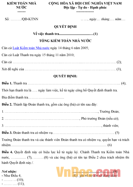 Mẫu quyết định thanh tra tổng kiểm toán