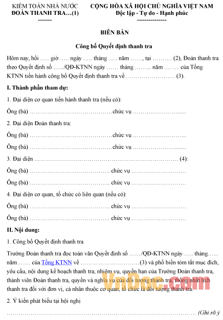 Mẫu biên bản ghi chép quyết định thanh tra kiểm toán