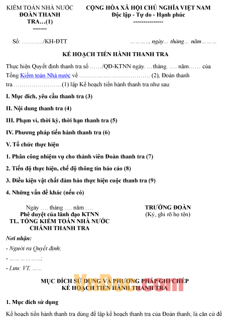 Mẫu kế hoạch về việc tiến hành thanh tra kiểm toán