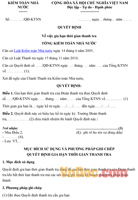 Mẫu quyết định gia hạn thời gian thanh tra tổng kiểm toán