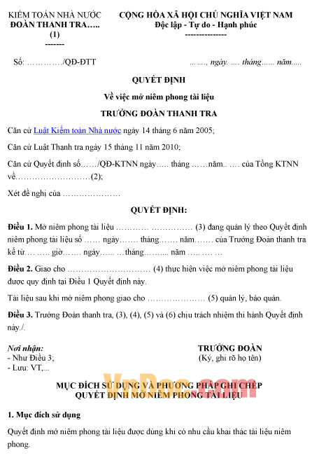 Mẫu quyết định về việc mở niêm phong tài liệu kiểm toán