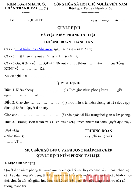 Mẫu quyết định về việc niêm phong tài liệu kiểm toán