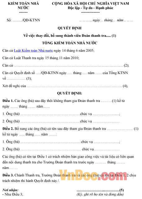 Mẫu quyết định về việc thay đổi, bổ sung thành viên đoàn thanh tra kiểm toán