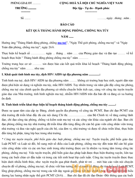 Mẫu báo cáo tháng hành động phòng, chống ma túy