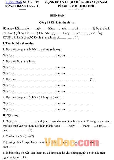 Mẫu biên bản ghi chép công bố kết luận thanh tra kiểm toán