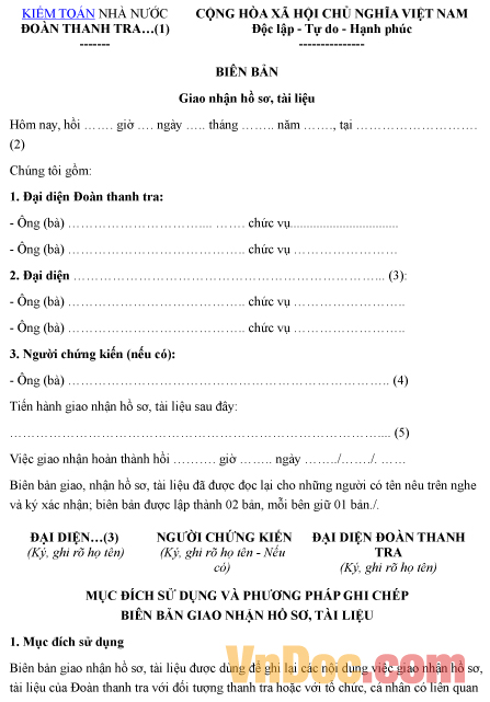 Mẫu biên bản ghi chép việc giao nhận hồ sơ tài liệu tổng kiểm toán