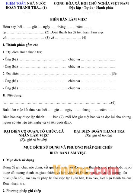 Mẫu biên bản làm việc của đoàn thanh tra kiểm toán