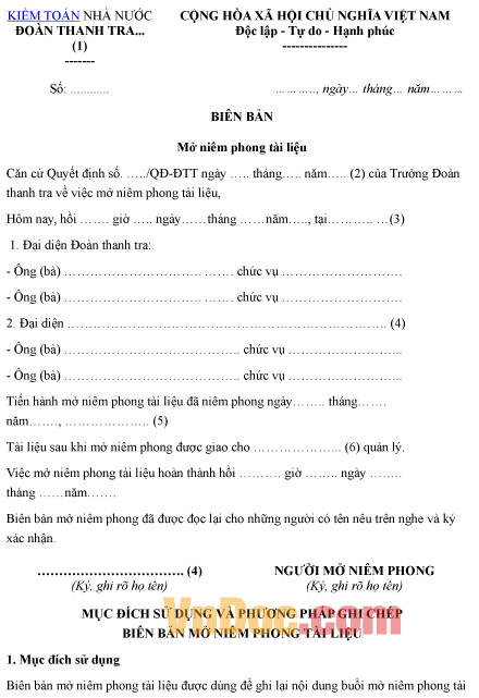 Mẫu biên bản ghi chép mở niêm phong tài liệu kiểm toán