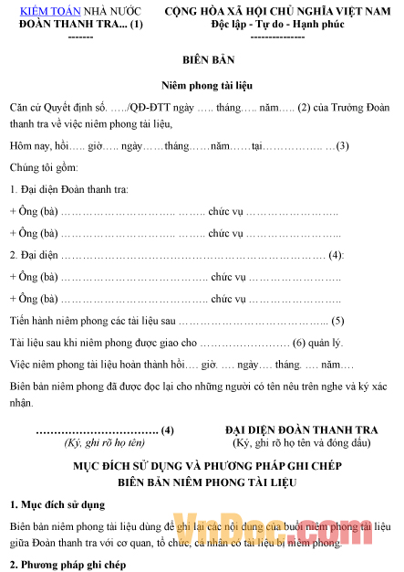 Mẫu biên bản ghi chép niêm phong tài liệu kiểm toán