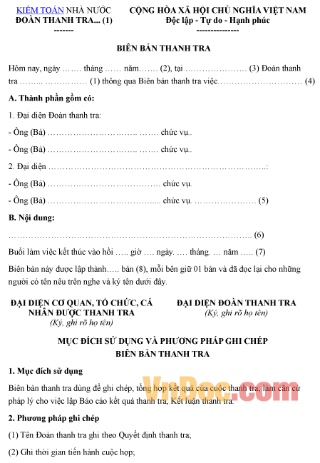 Mẫu biên bản ghi chép việc thanh tra của đoàn thanh tra kiểm toán