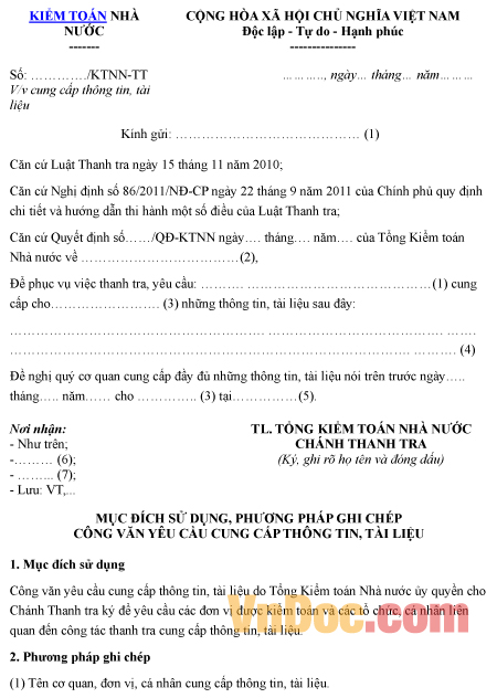 Mẫu đơn đề nghị về việc cung cấp thông tin, tài liệu kiểm toán