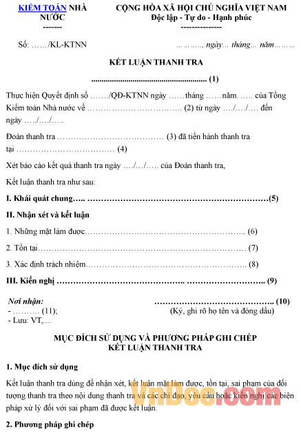 Mẫu kết luận ghi chép thanh tra kiểm toán