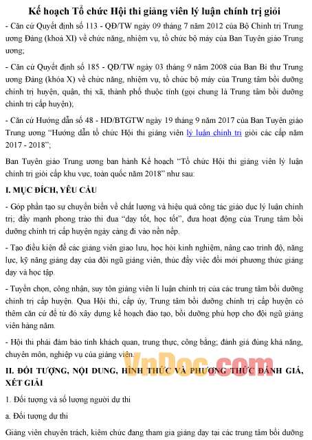 Mẫu kế hoạch tổ chức hội thi giảng viên lý luận chính trị giỏi toàn quốc năm 2018