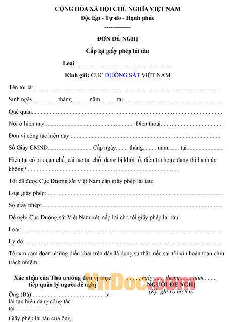 Mẫu đơn xin cấp lại giấy phép lái tàu