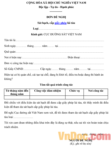 Mẫu đơn xin sát hạch cấp giấy phép lái tàu