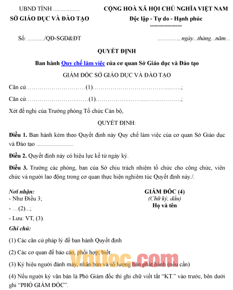 Mẫu quyết định về việc ban hành quy chế làm việc 