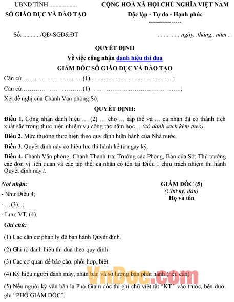 Mẫu quyết định về việc công nhận danh hiệu thi đua