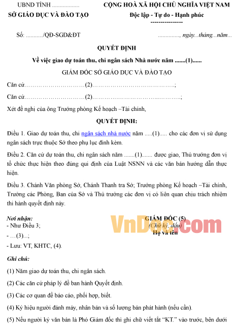 Mẫu quyết định về việc giao dự toán thu, chi ngân sách nhà nước