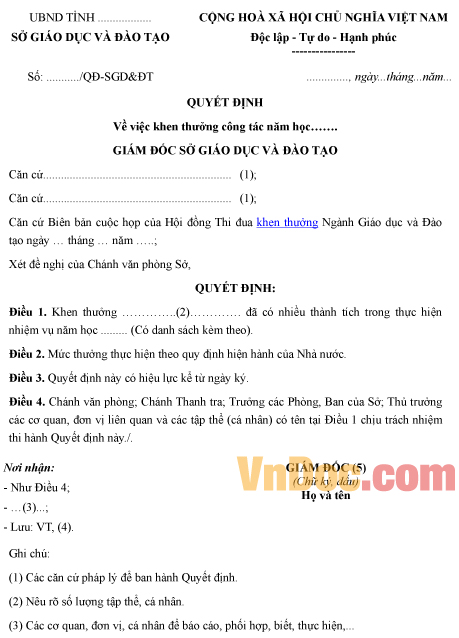 Mẫu quyết định về việc khen thưởng công tác năm học