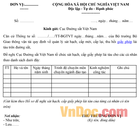 Mẫu văn bản xin sát hạch, cấp giấy phép lái tàu