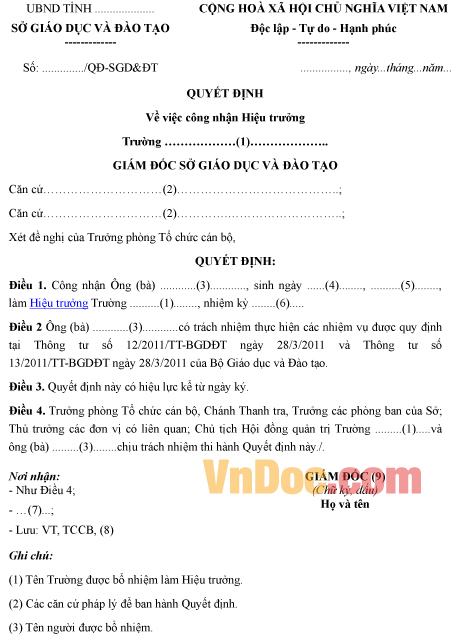 Mẫu quyết định về việc công nhận hiệu trưởng