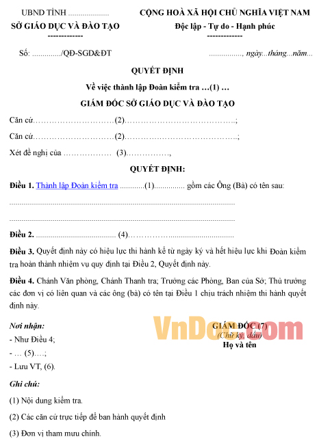 Mẫu quyết định về việc thành lập đoàn kiểm tra