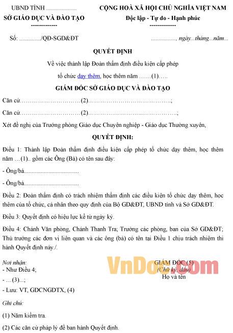 Mẫu quyết định về việc thành lập đoàn thẩm định điều kiện cấp phép tổ chức dạy thêm, học thêm