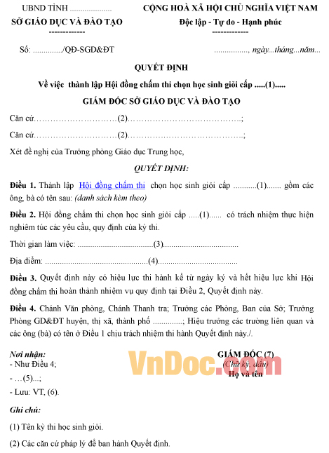Mẫu quyết định về việc thành lập hội đồng chấm thi học sinh giỏi