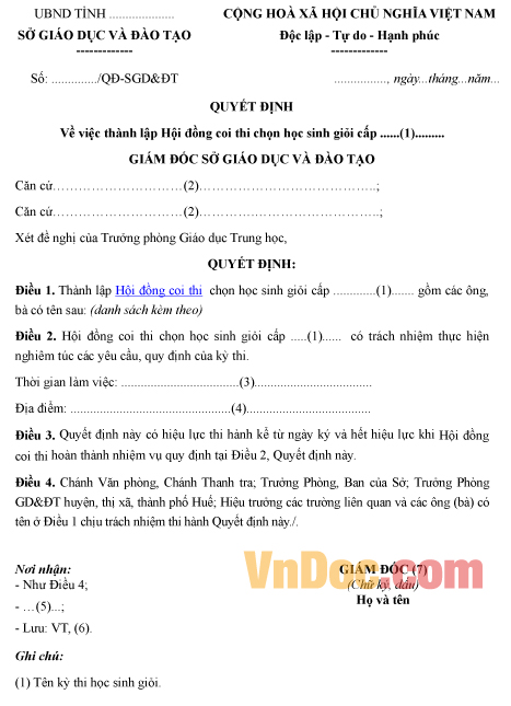 Mẫu quyết định về việc thành lập hội đồng coi thi học sinh giỏi