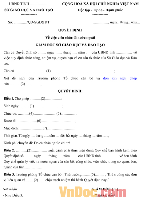 Mẫu quyết định về việc viên chức đi nước ngoài