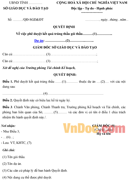 Mẫu quyết định về việc phê duyệt kết quả trúng thầu