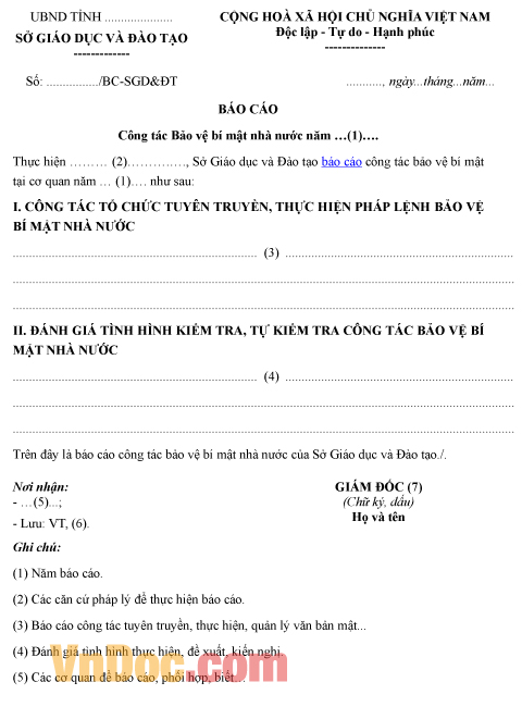 Mẫu báo cáo về công tác bảo vệ bí mật nhà nước