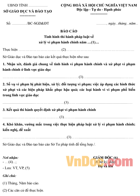 Mẫu báo cáo về tình hình thi hành pháp luật về xử lý vi phạm hành chính