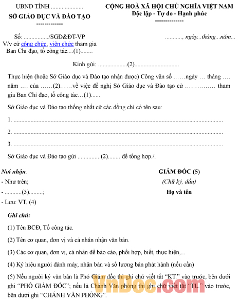 Mẫu công văn về việc cử công chức, viên chức tham gia Ban Chỉ đạo, tổ công tác