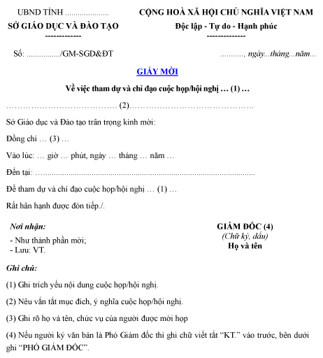 Mẫu giấy mời về việc tham dự và chỉ đạo cuộc họp, hội nghị