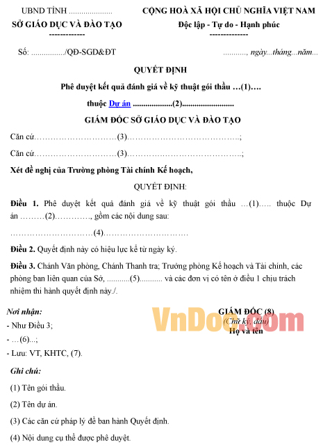 Mẫu quyết định về việc phê duyệt kết quả đánh giá về kỹ thuật gói thầu
