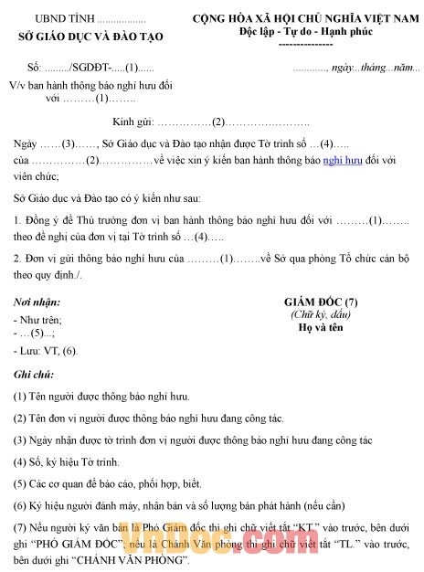 Mẫu công văn về việc ban hành thông báo nghỉ hưu