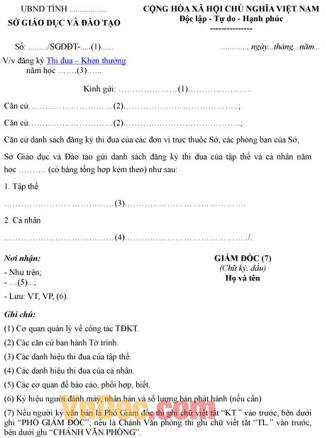 Mẫu công văn về việc đăng ký thi đua khen thưởng