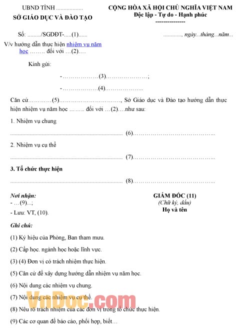 Mẫu công văn về việc hướng dẫn thực hiện nhiệm vụ năm học
