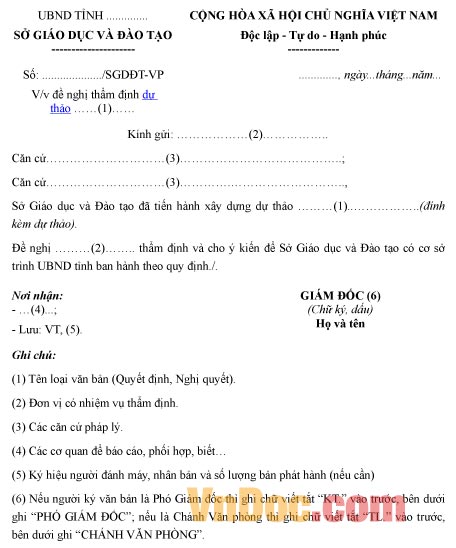 Mẫu công văn về việc đề nghị thẩm định dự thảo