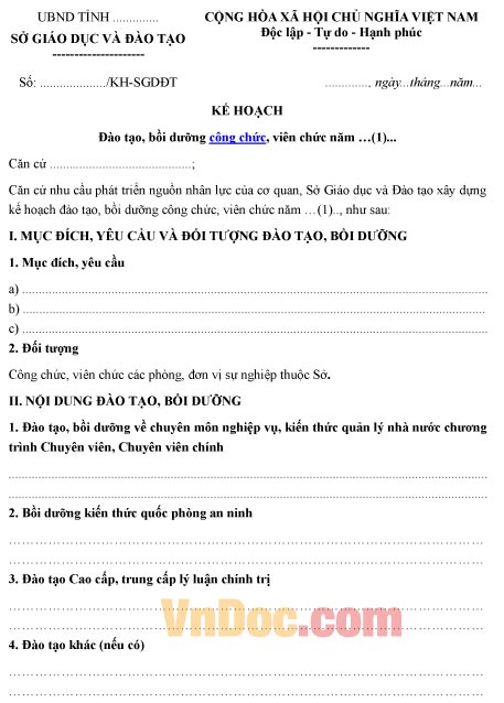 Mẫu kế hoạch về việc đào tạo, bồi dưỡng công chức, viên chức