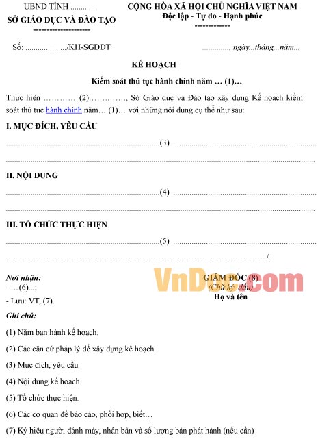 Mẫu kế hoạch về việc kiểm soát thủ tục hành chính