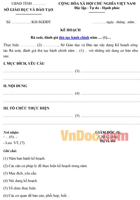 Mẫu kế hoạch về việc rà soát, đánh giá thủ tục hành chính