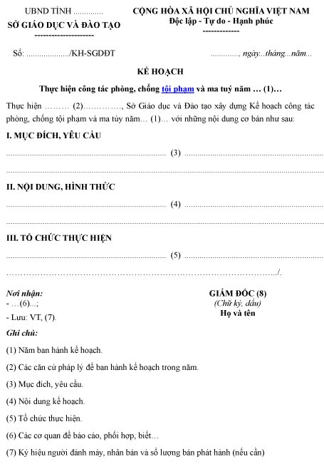 Mẫu kế hoạch về việc thực hiện công tác phòng, chống tội phạm và ma túy