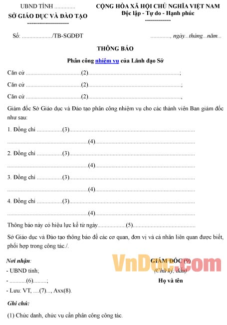 Mẫu thông báo về việc phân công nhiệm vụ của Lãnh đạo sở