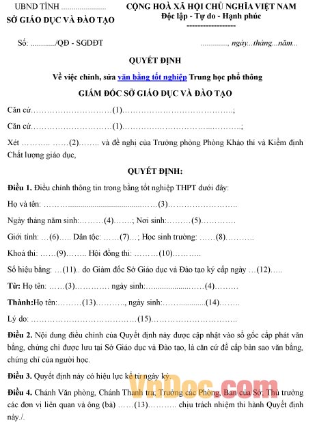 Mẫu quyết định về việc chỉnh sửa văn bằng tốt nghiệp trung học phổ thông
