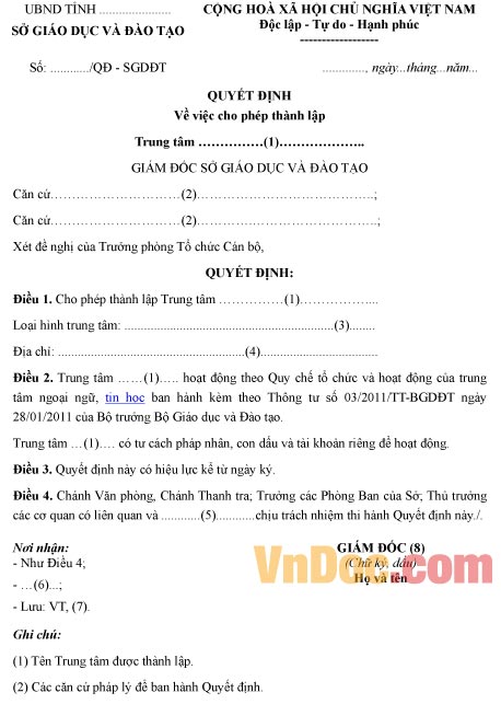 Mẫu quyết định về việc cho phép thành lập trung tâm tin học, ngoại ngữ