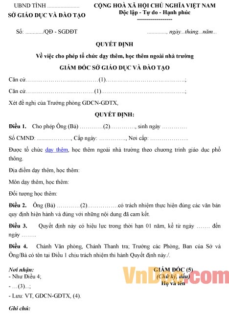 Mẫu quyết định về việc cho phép tổ chức dạy thêm, học thêm ngoài nhà trường