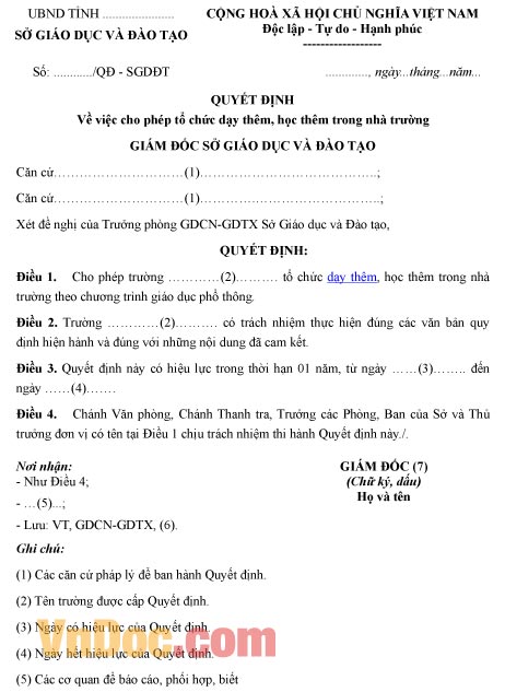 Mẫu quyết định về việc cho phép tổ chức dạy thêm, học thêm trong nhà trường