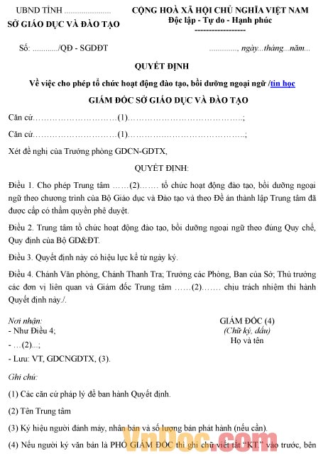 Mẫu quyết định về việc cho phép tổ chức hoạt động đào tạo, bồi dưỡng ngoại ngữ, tin học